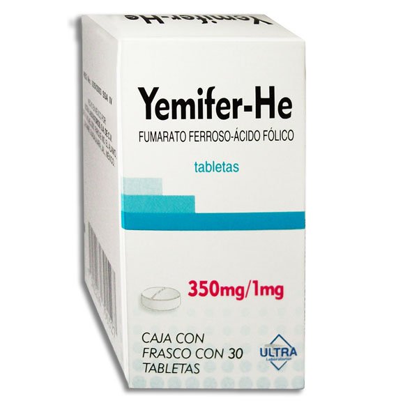 Yemifer-He Fumarato Ferroso Ácido Fólico 30 Tabletas Ultra Laboratorios Yemifer-He Fumarato Ferroso Ácido Fólico 350mg/1mg 30 Tabletas Ultra Laboratorios