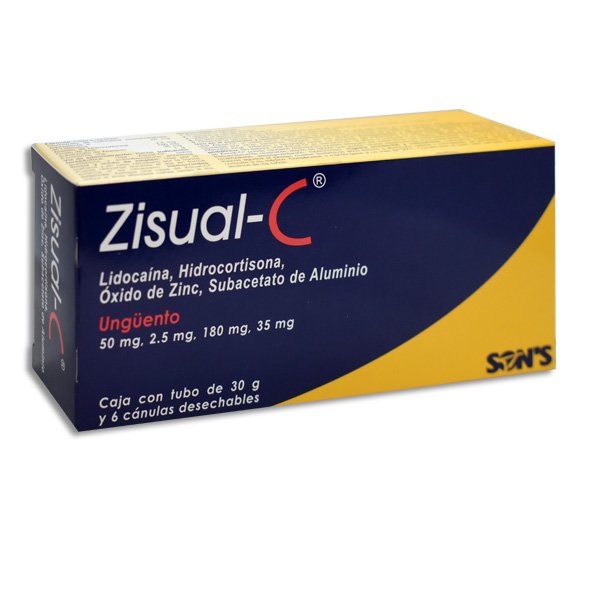 Zisual-C Lidocaína Hidrocortisona Óxido Zinc Subacetato Aluminio Ungüento 30g y 6 Cánulas Desechables Zisual-C Lidocaína Hidrocortisona Óxido Zinc Subacetato Aluminio Ungüento 30g y 6 Cánulas Desechables Son´s