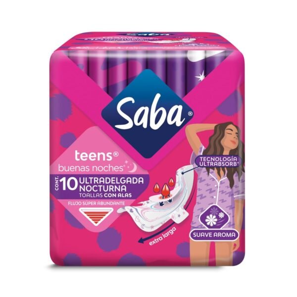 Saba Teens Buenas Noches Ultra Delgada Nocturna Flujo Súper Abundante 10 Piezas