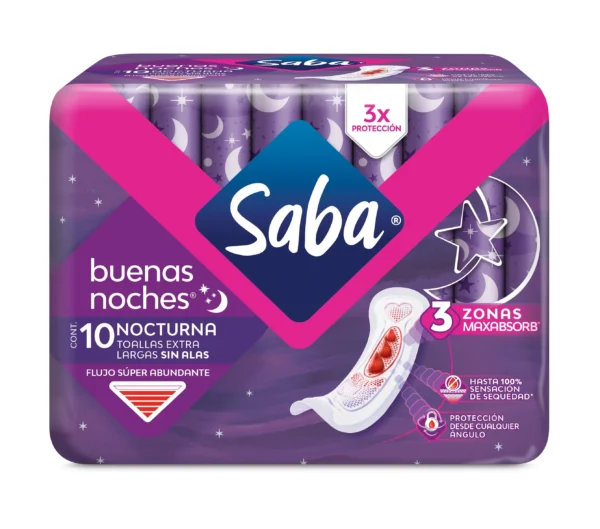 Saba Buenas Noches Ultra Delgada Nocturna Flujo Súper Abundante 10 Piezas