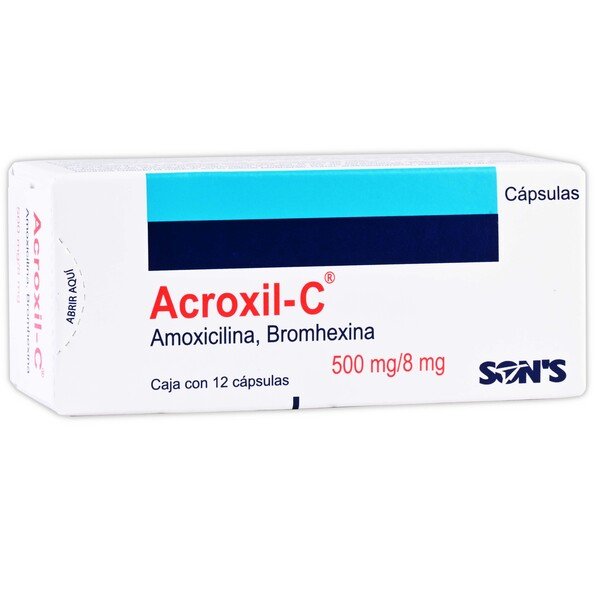 Acroxil-C Amoxicilina Bromhexina 500mg/8mg 12 Cápsulas Son´s