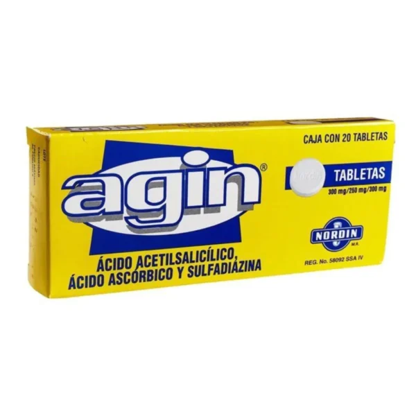 Agin Acido Acetilsalicilico 300mg Sulfadiazina 300mg Vitamina C 250mg 20 Tabletas Nordin