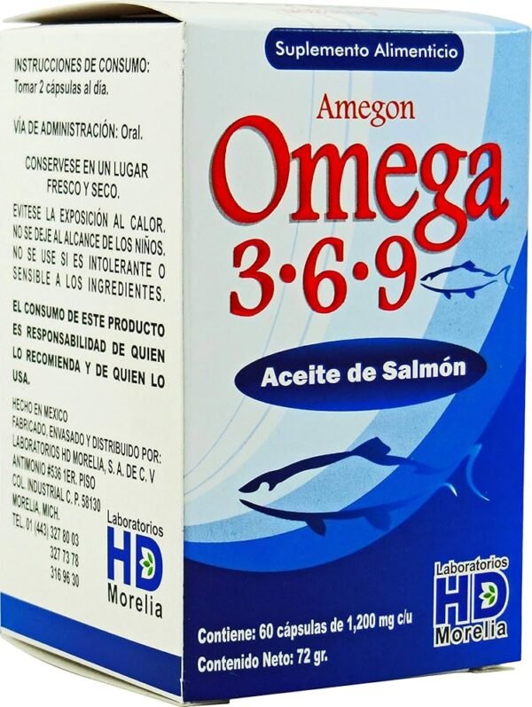 Amegon Omega 3 6 9 Aceite Salmón Linaza Oliva 60 Cápsulas 1,200mg 72g HD