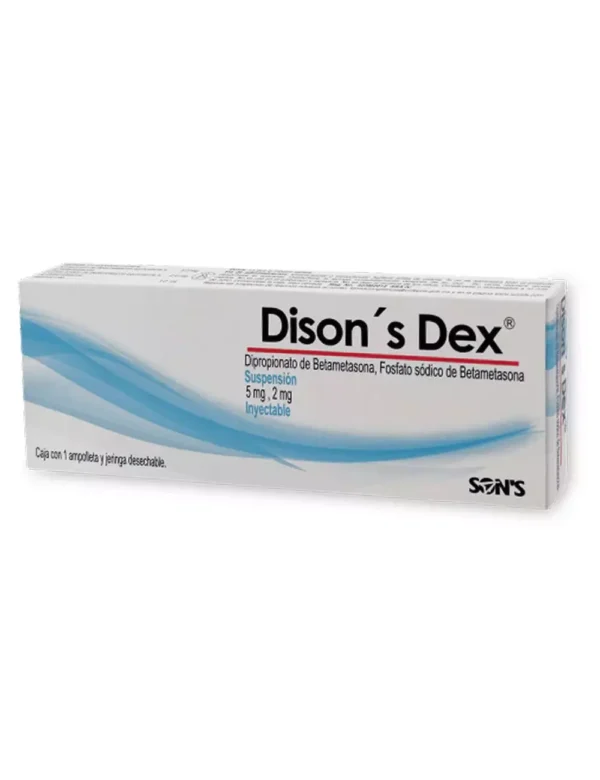 Disons Dex Dipropionato de Betametasona, Fosfato Sódico de Betametasona 5 mg 2 mg Suspensión Inyectable 1 Ampolleta y Jeringa Sons Dison's Dex Dipropionato de Betametasona, Fosfato Sódico de Betametasona 5 mg 2 mg Suspensión Inyectable 1 Ampolleta y Jeringa Son´s