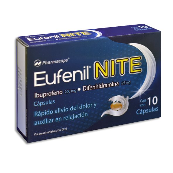 Eufenil Nite Ibuprofeno Difenhidramina 200mg/25mg 10 Cápsulas Pharmacaps