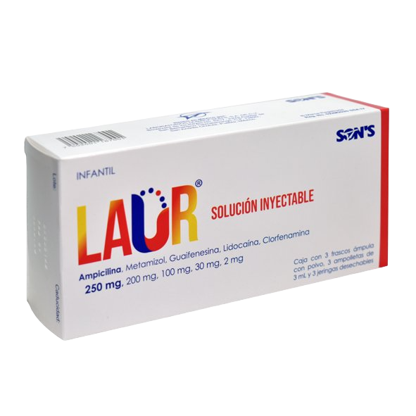 Laur Ampicilina Metamizol Guaifenesina Lidocaína Clorfenamina 250mg 200mg 100mg 30mg 2mg 3 Ampolletas Son's
