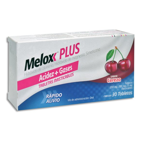 Melox Plus Hidróxido Aluminio Hidróxido Magnesio Simeticona Cereza Masticables 30 Tabletas Sanofi Melox Plus Hidróxido Aluminio Hidróxido Magnesio Simeticona Cereza 200mg/200mg/25mg Masticables 30 Tabletas Sanofi